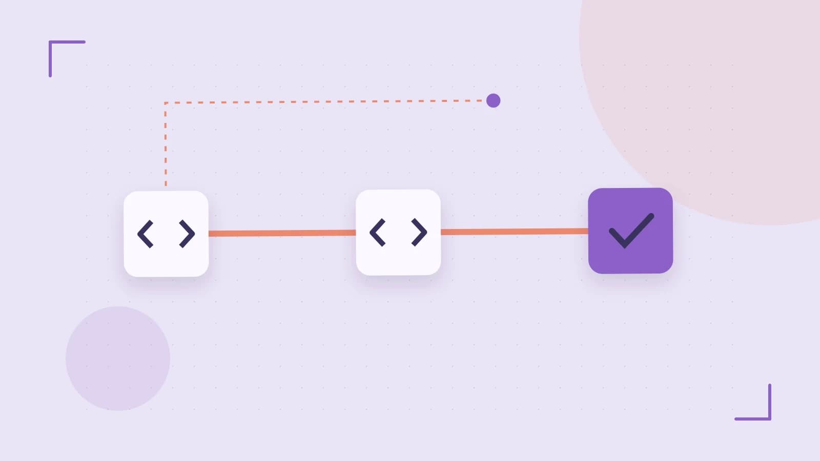 Editorial illustration of a branching build pipeline, staged transformations and a completed check