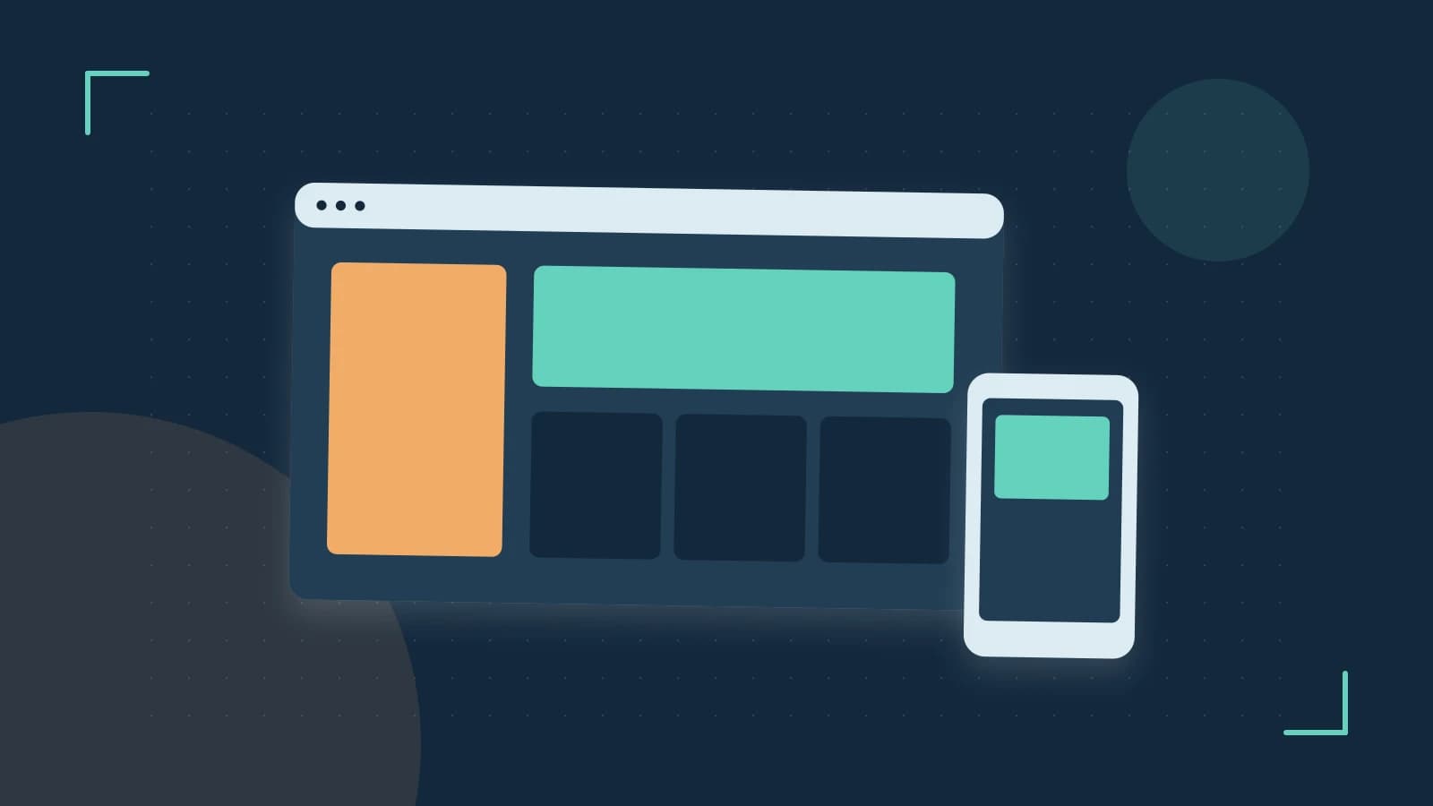 Editorial illustration of responsive browser layouts, overlapping design components and a color system
