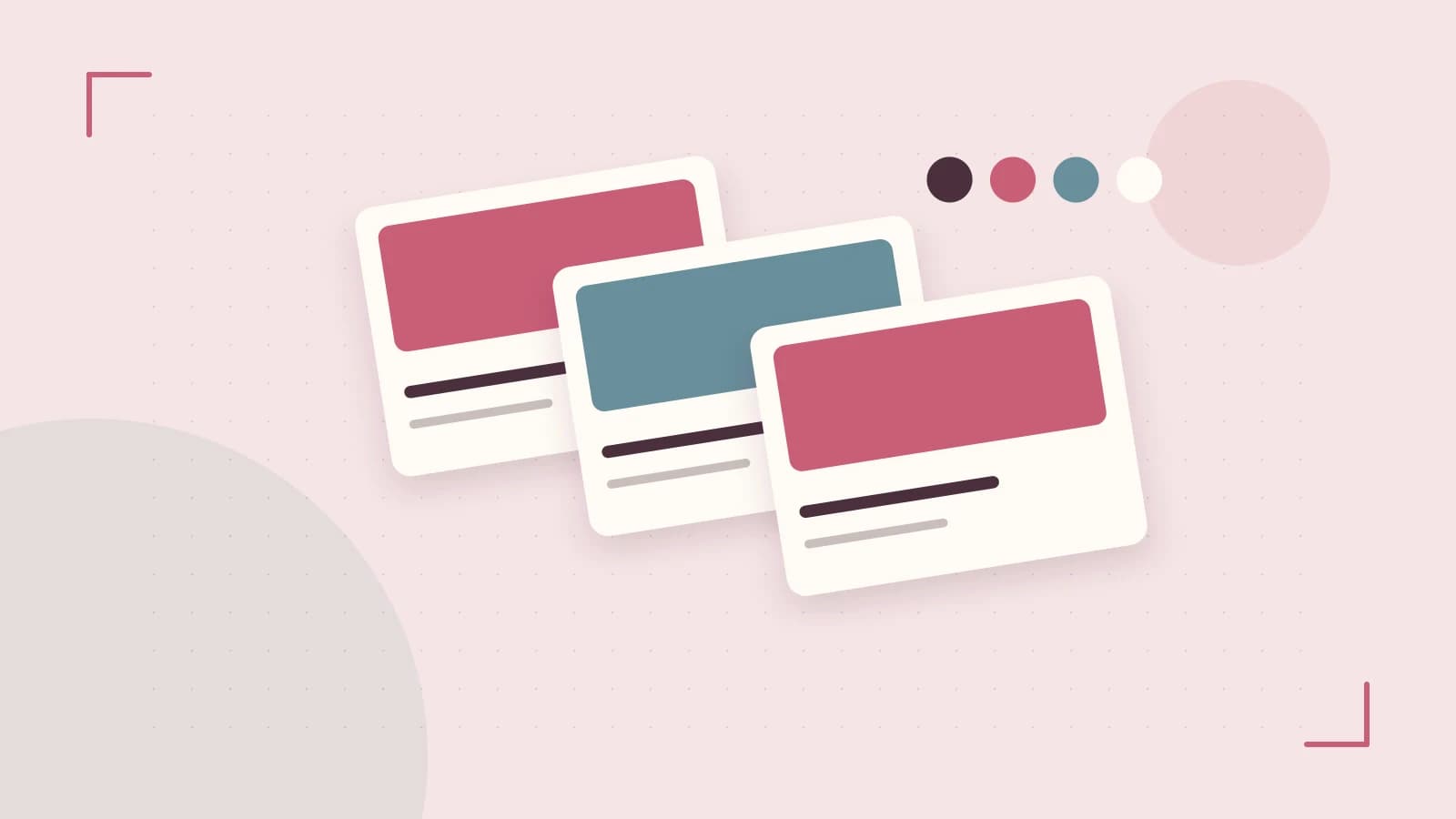 Editorial illustration of responsive browser layouts, overlapping design components and a color system