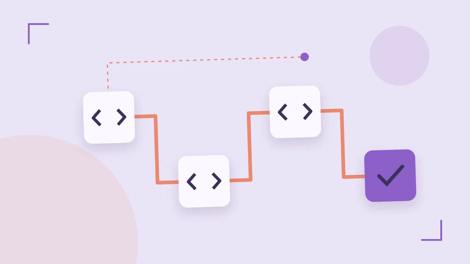 Editorial illustration of a branching build pipeline, staged transformations and a completed check