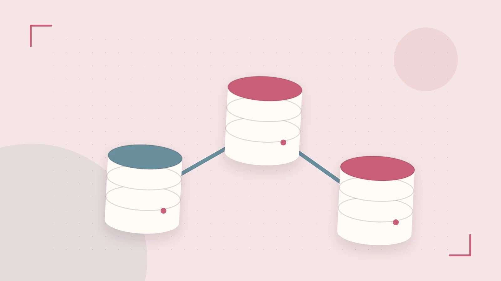 Editorial illustration of structured records, database cylinders and relationships between tables