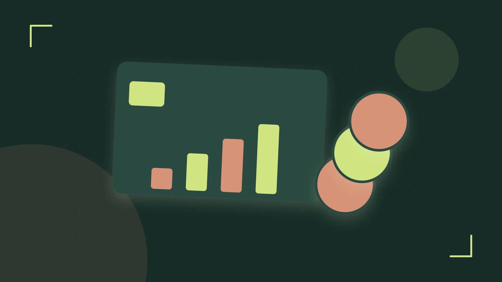 Editorial illustration of abstract coins, a payment card and a geometric financial chart without data labels