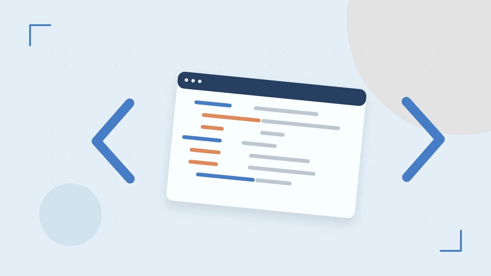 Editorial illustration of an abstract code editor, syntax blocks and oversized programming brackets