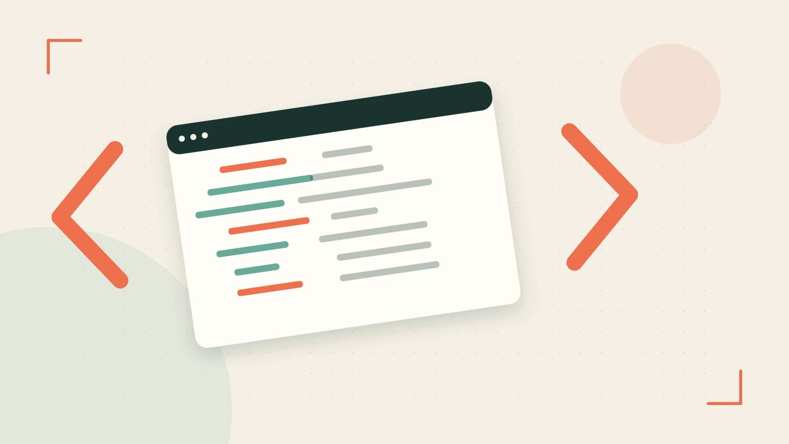 Editorial illustration of an abstract code editor, syntax blocks and oversized programming brackets