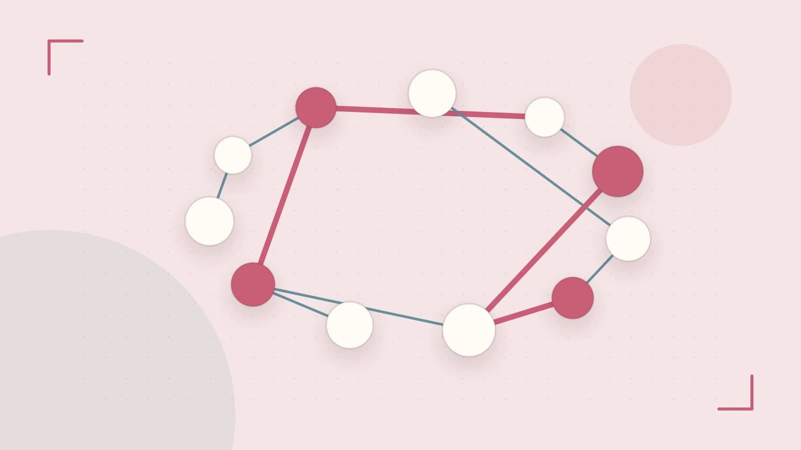 Editorial illustration of an algorithmic node graph with branching paths and a highlighted result