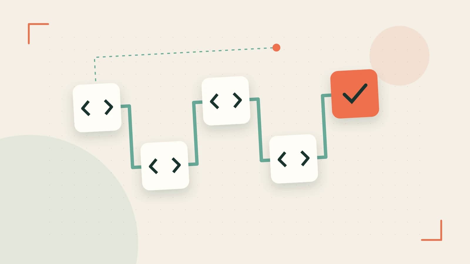 Editorial illustration of a branching build pipeline, staged transformations and a completed check