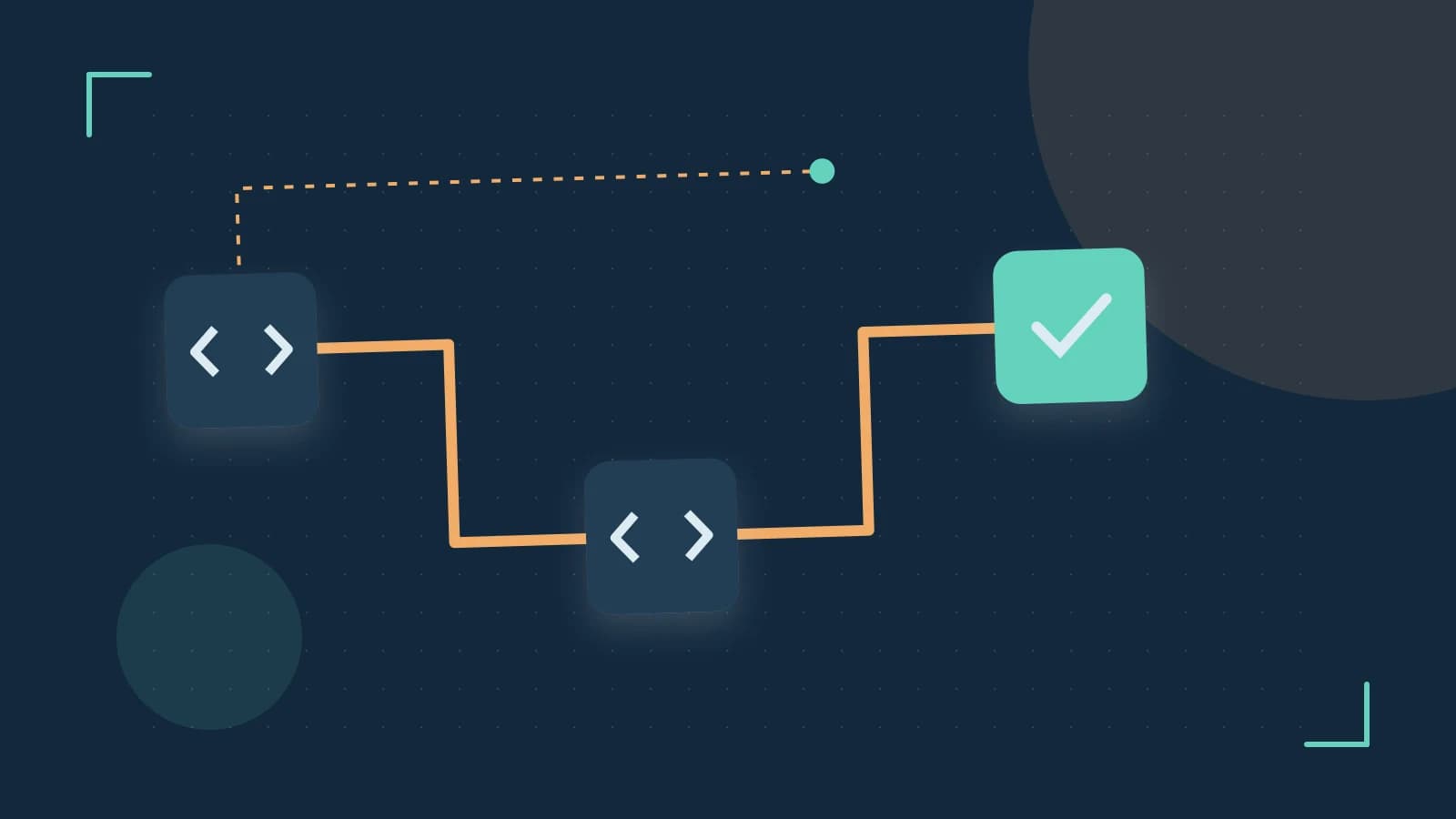 Editorial illustration of a branching build pipeline, staged transformations and a completed check