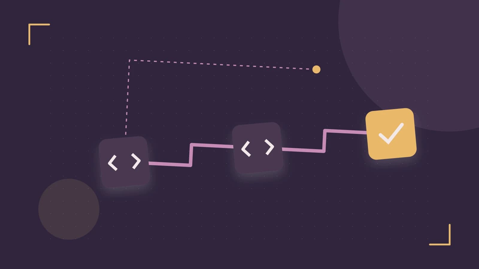 Editorial illustration of a branching build pipeline, staged transformations and a completed check