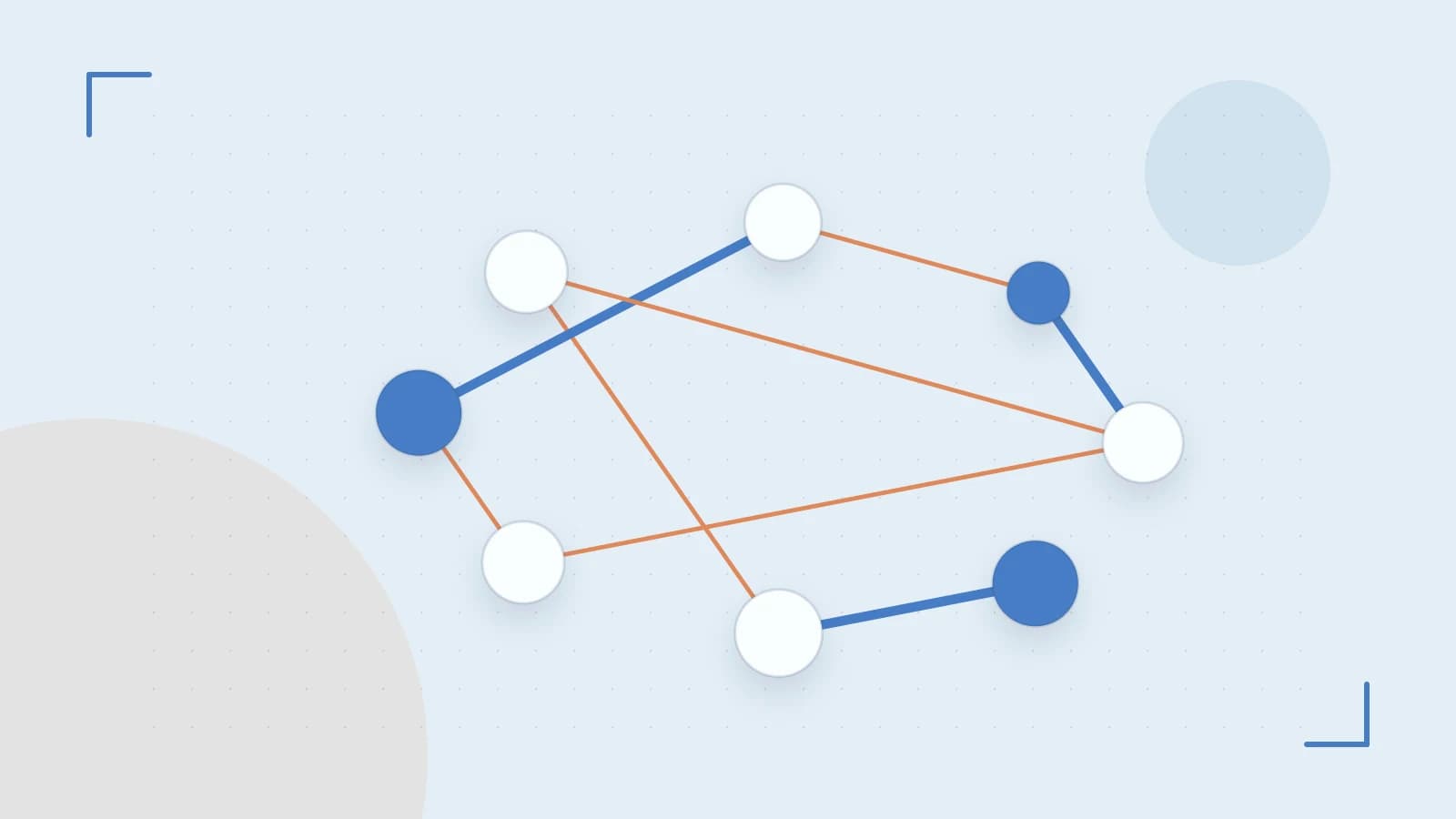 Editorial illustration of an algorithmic node graph with branching paths and a highlighted result