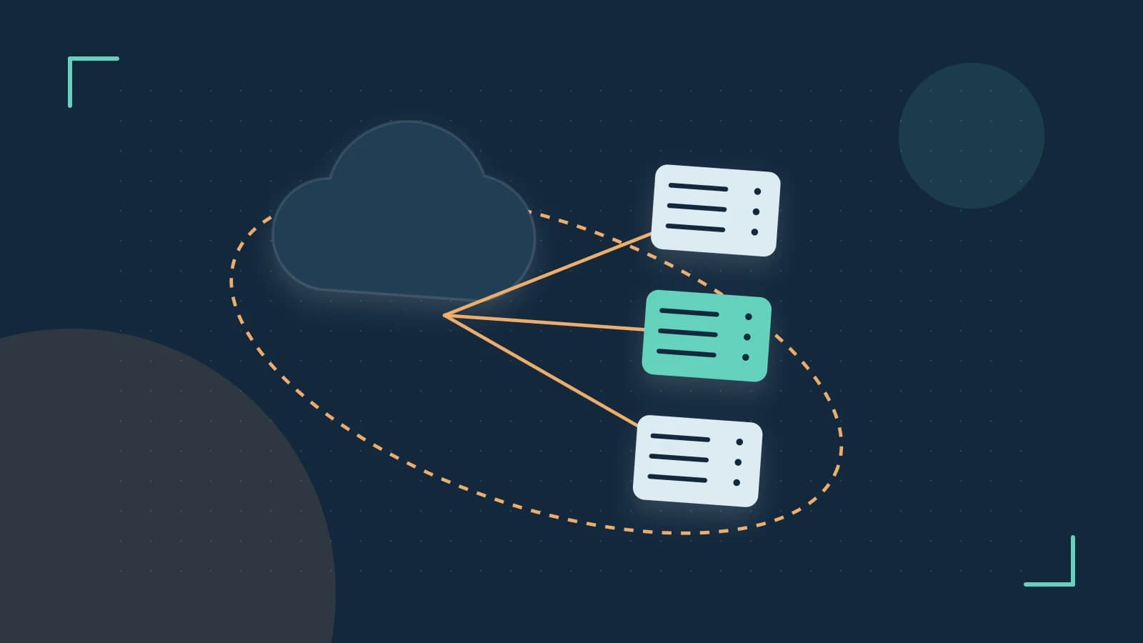 Editorial illustration of cloud infrastructure, connected server racks and an orbital service map