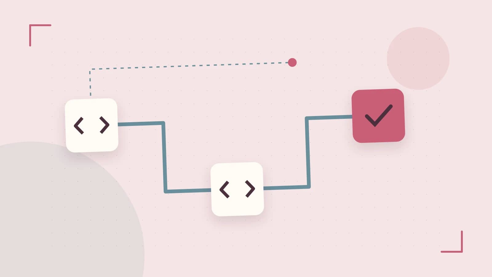 Editorial illustration of a branching build pipeline, staged transformations and a completed check