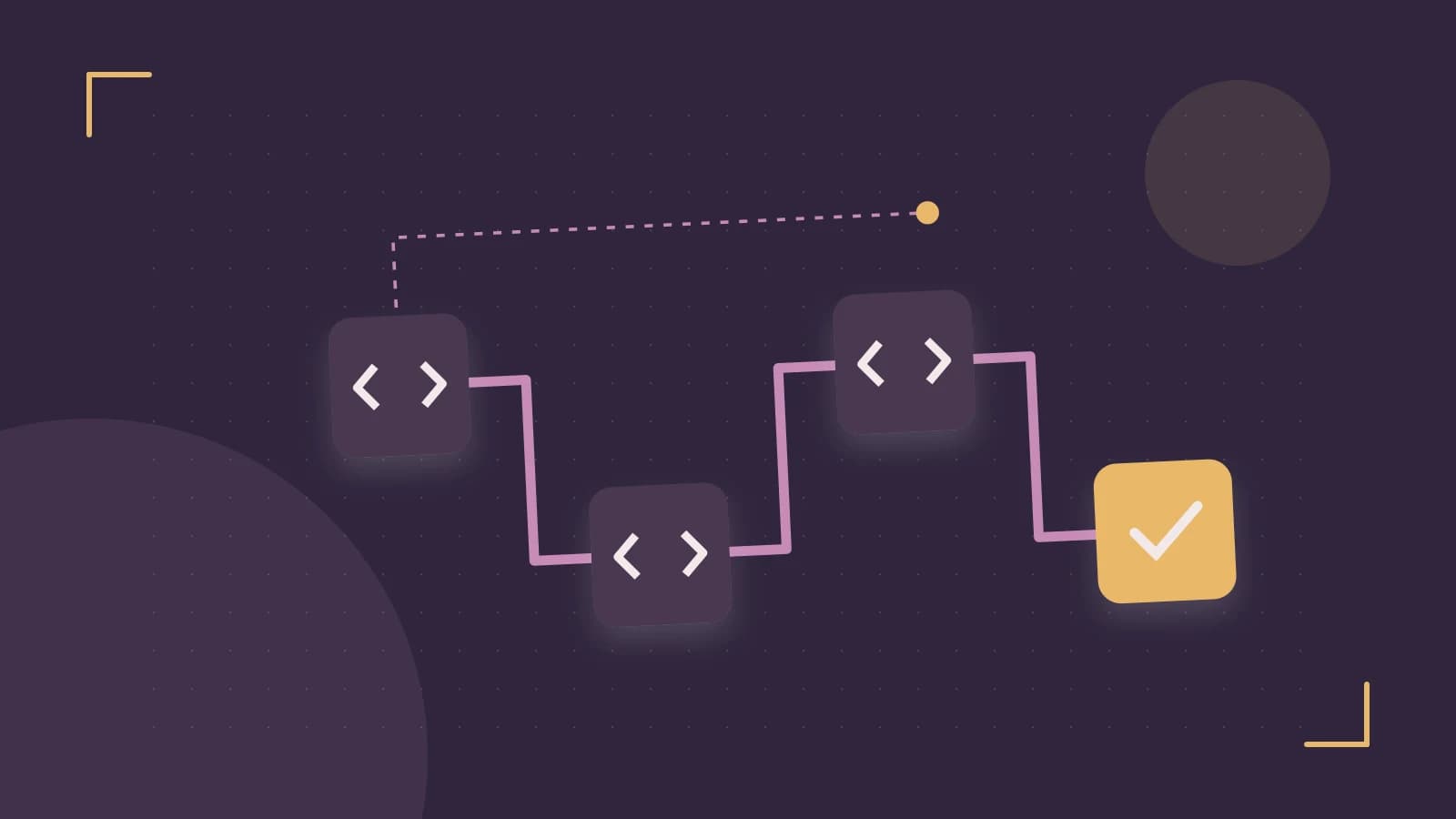 Editorial illustration of a branching build pipeline, staged transformations and a completed check