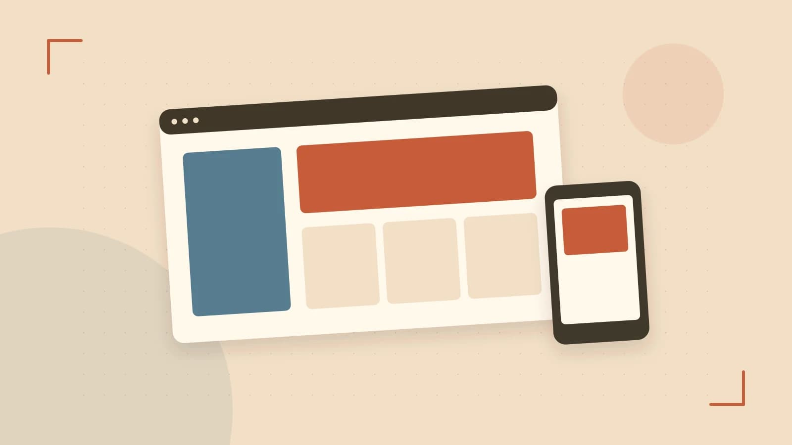 Editorial illustration of responsive browser layouts, overlapping design components and a color system