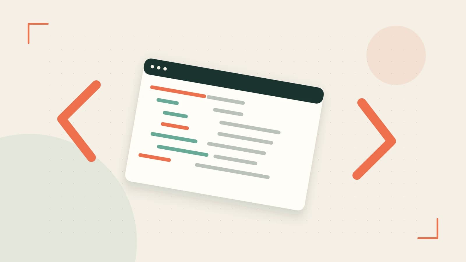 Editorial illustration of an abstract code editor, syntax blocks and oversized programming brackets