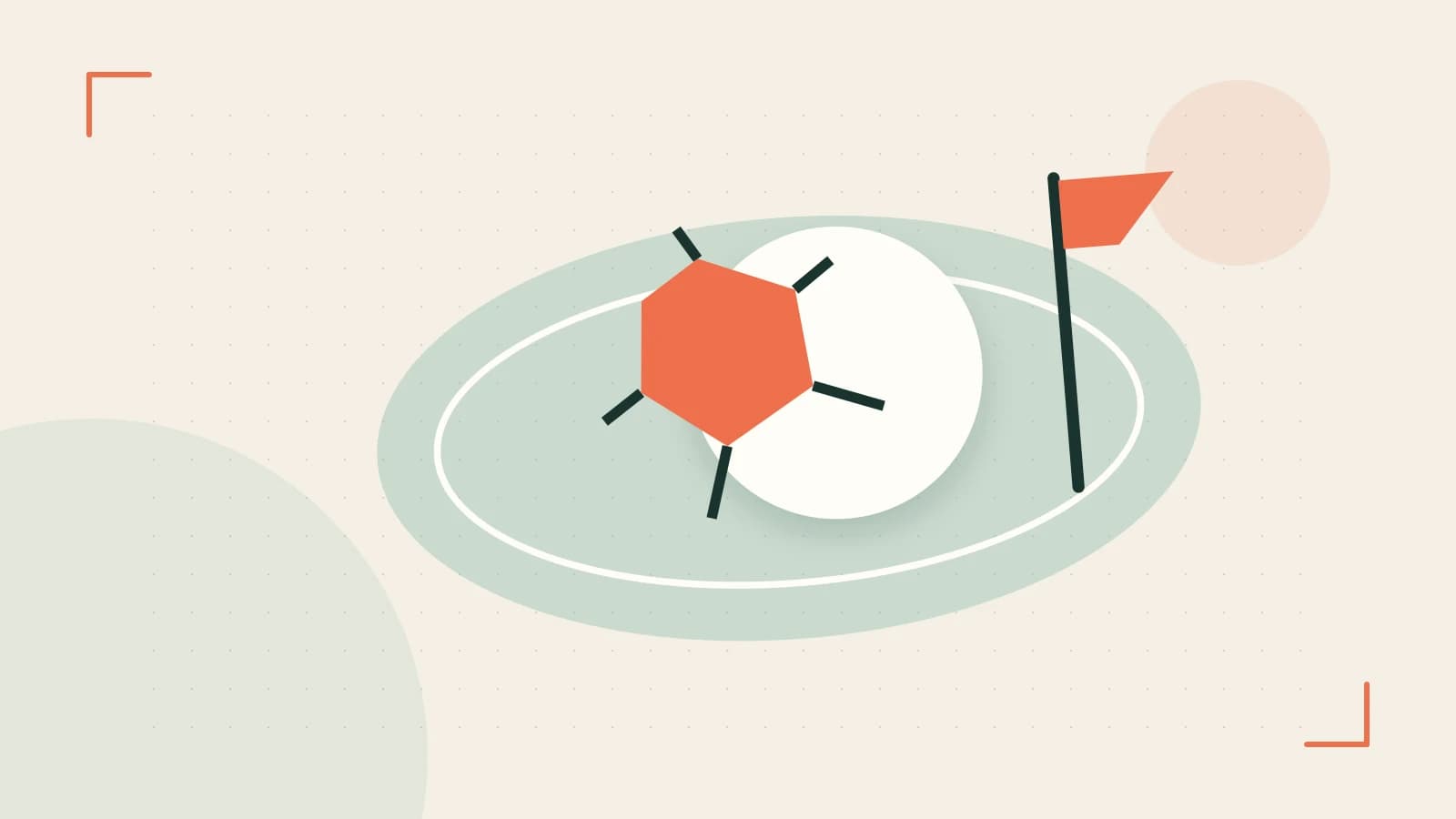 Editorial illustration of a stylized sports ball, stadium geometry and dynamic arcs