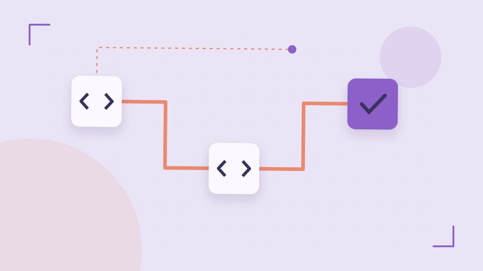 Editorial illustration of a branching build pipeline, staged transformations and a completed check