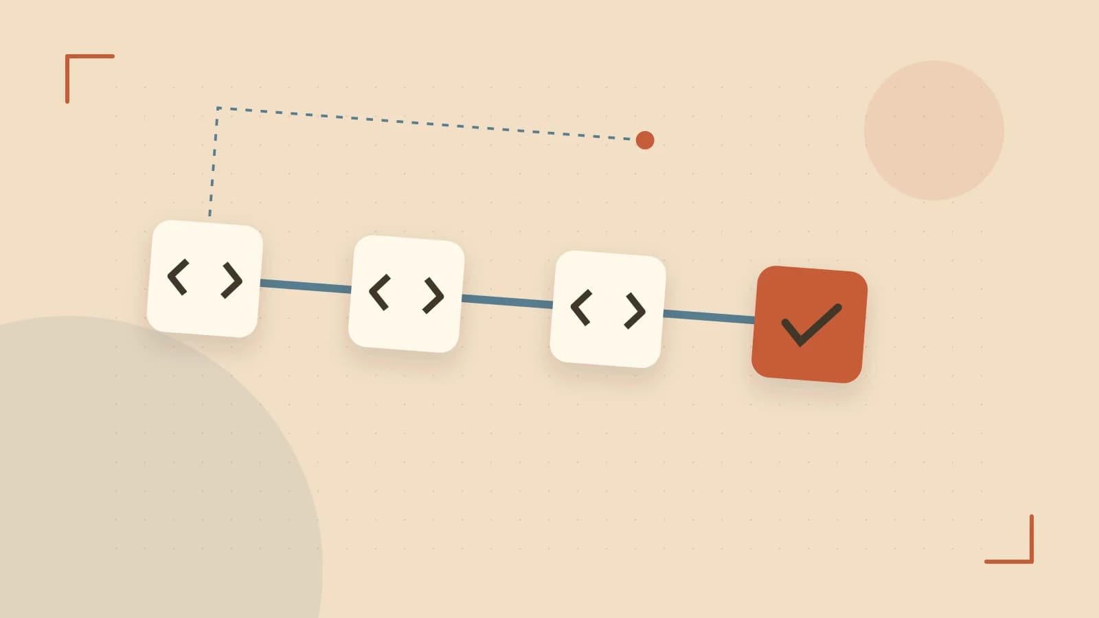 Editorial illustration of a branching build pipeline, staged transformations and a completed check