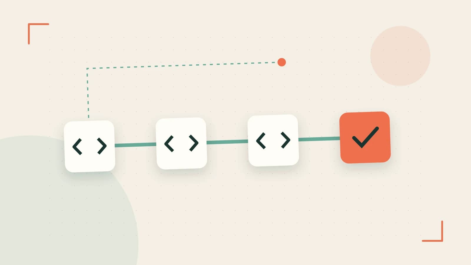 Editorial illustration of a branching build pipeline, staged transformations and a completed check