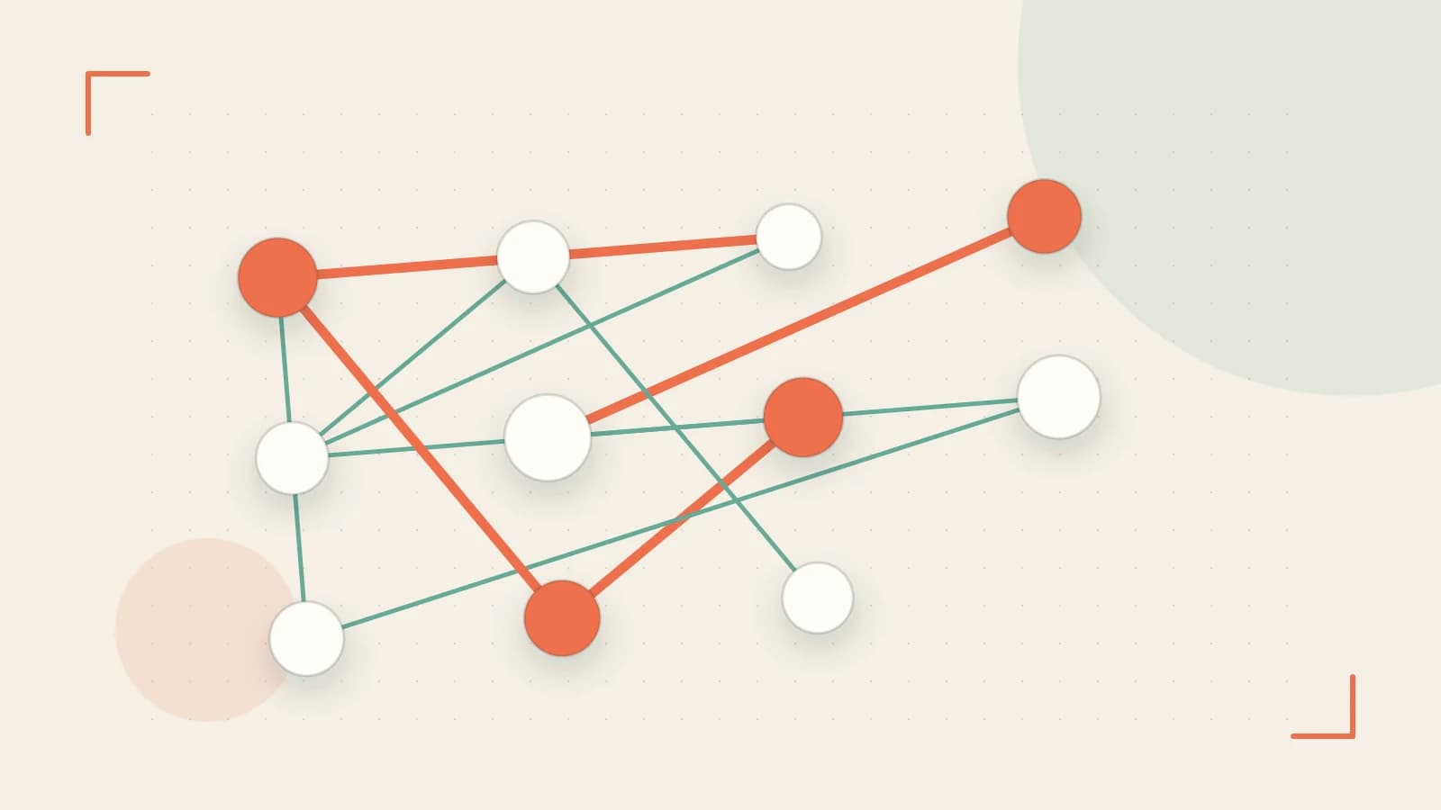 Editorial illustration of an algorithmic node graph with branching paths and a highlighted result