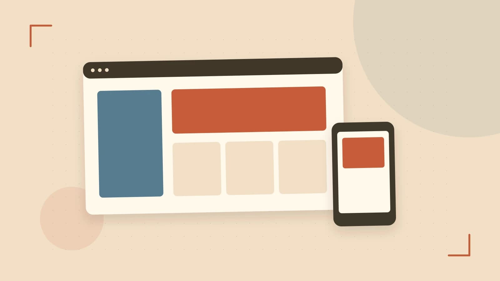 Editorial illustration of responsive browser layouts, overlapping design components and a color system
