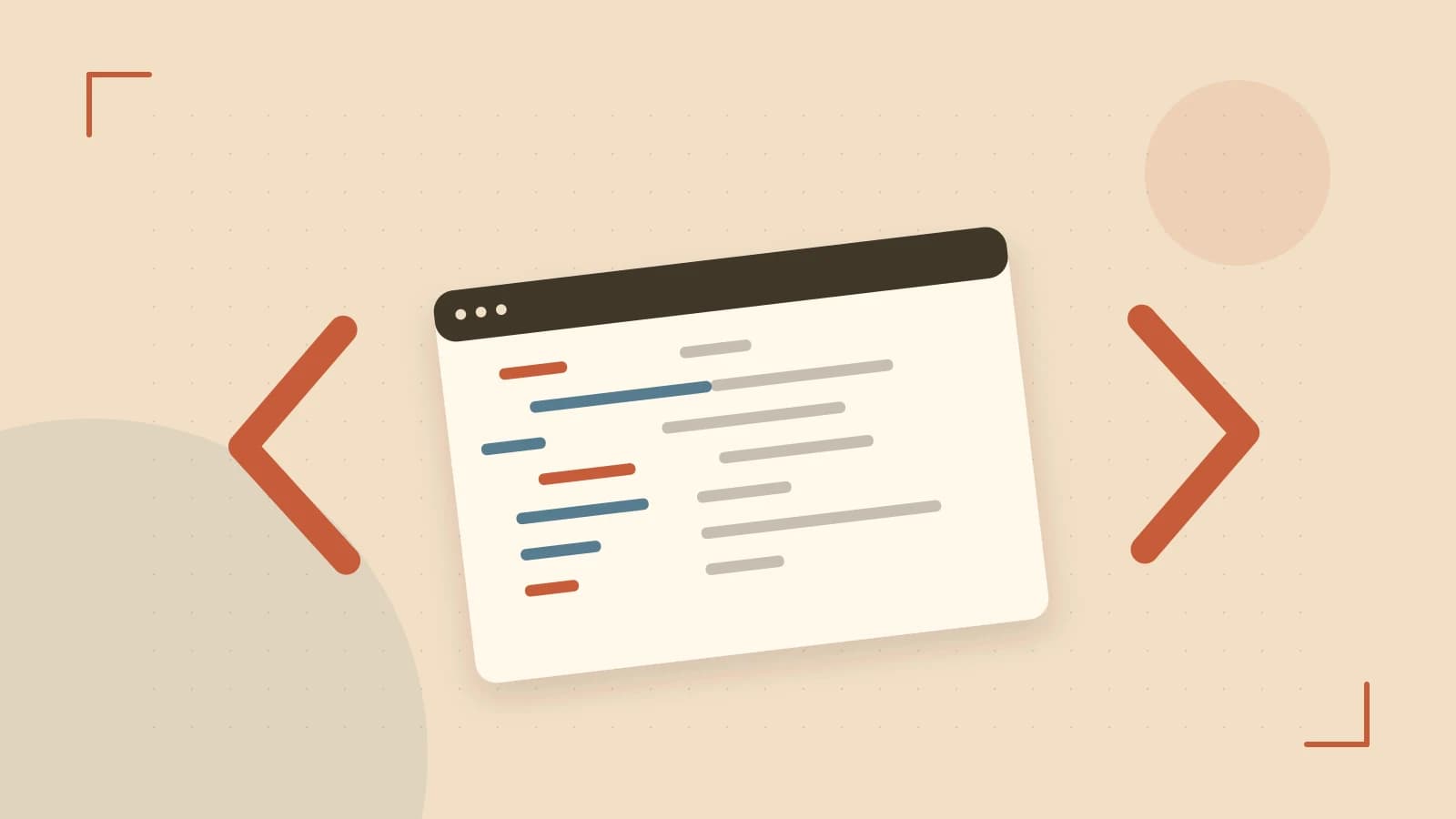 Editorial illustration of an abstract code editor, syntax blocks and oversized programming brackets