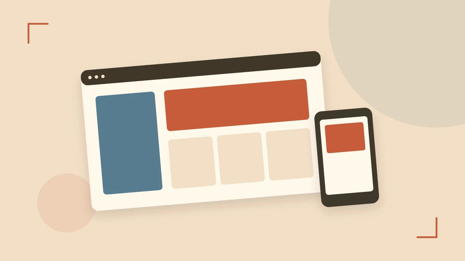 Editorial illustration of responsive browser layouts, overlapping design components and a color system