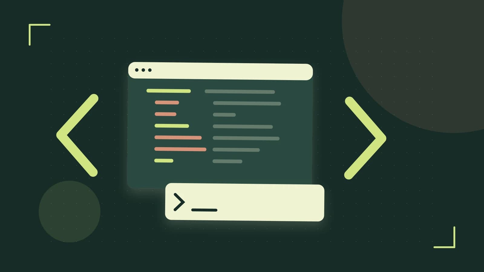 Editorial illustration of an abstract code editor, syntax blocks and oversized programming brackets