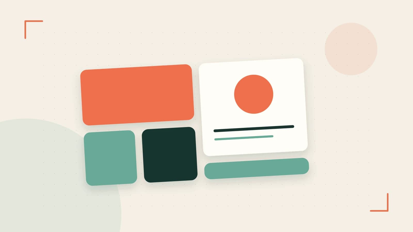 Editorial illustration of responsive browser layouts, overlapping design components and a color system