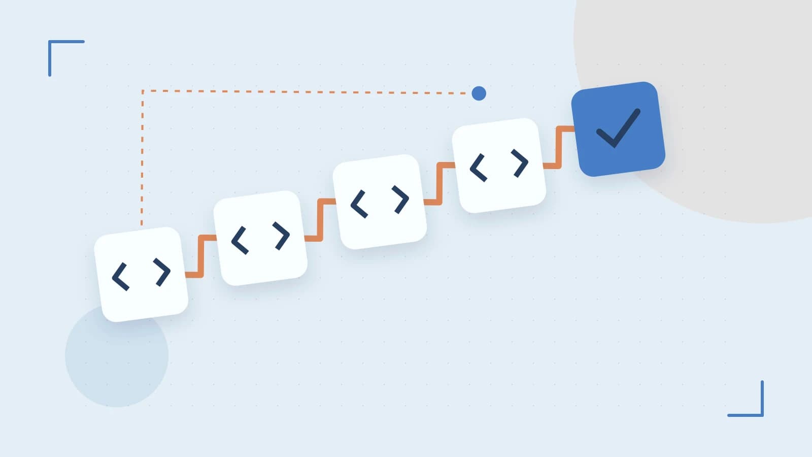 Editorial illustration of a branching build pipeline, staged transformations and a completed check