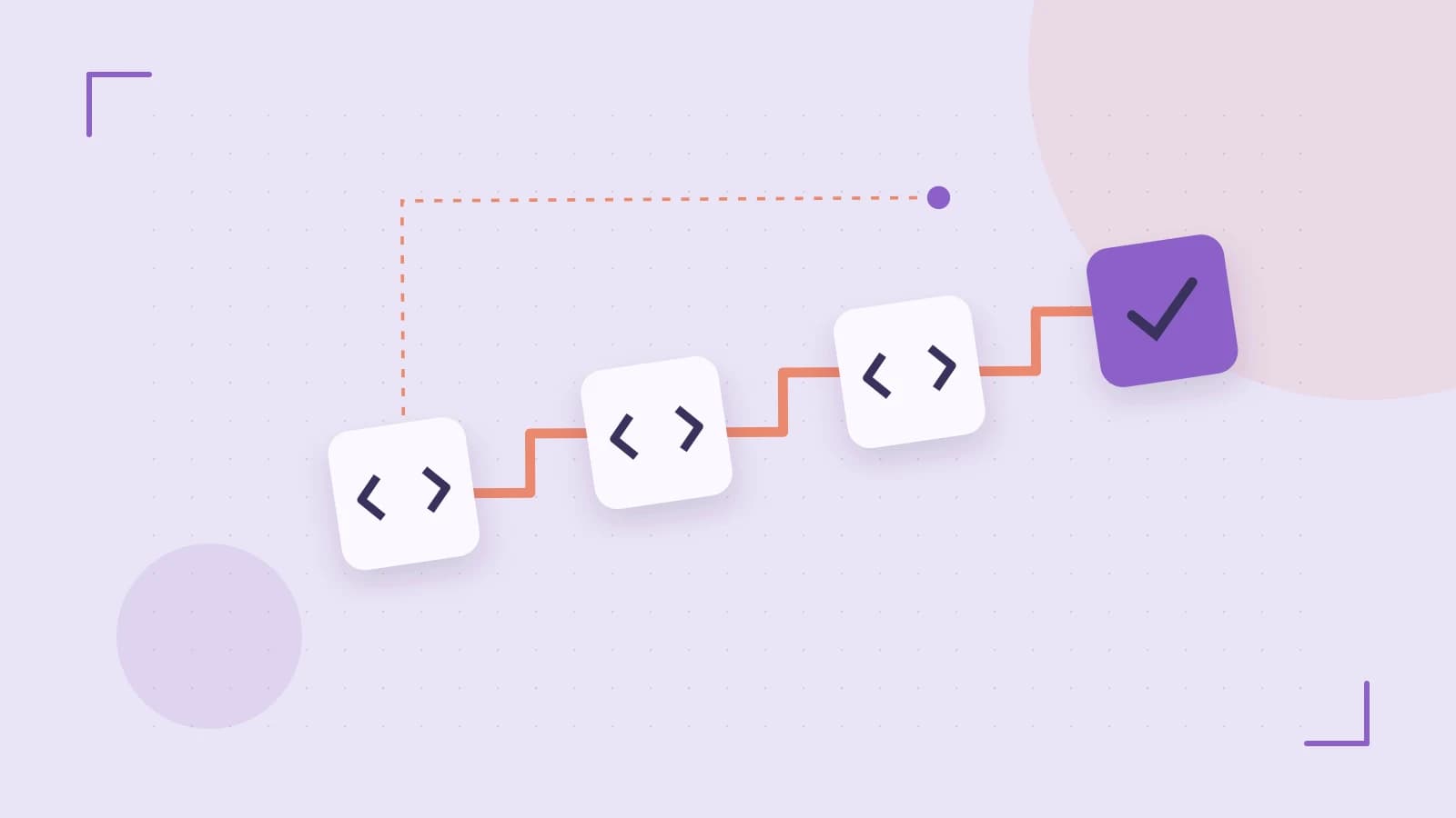 Editorial illustration of a branching build pipeline, staged transformations and a completed check