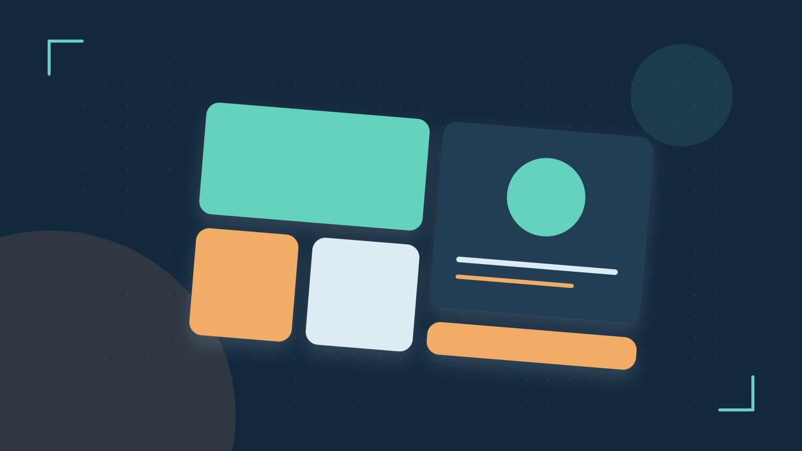 Editorial illustration of responsive browser layouts, overlapping design components and a color system