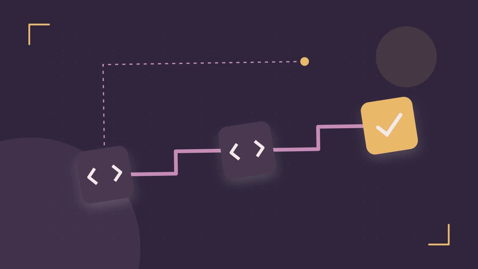 Editorial illustration of a branching build pipeline, staged transformations and a completed check