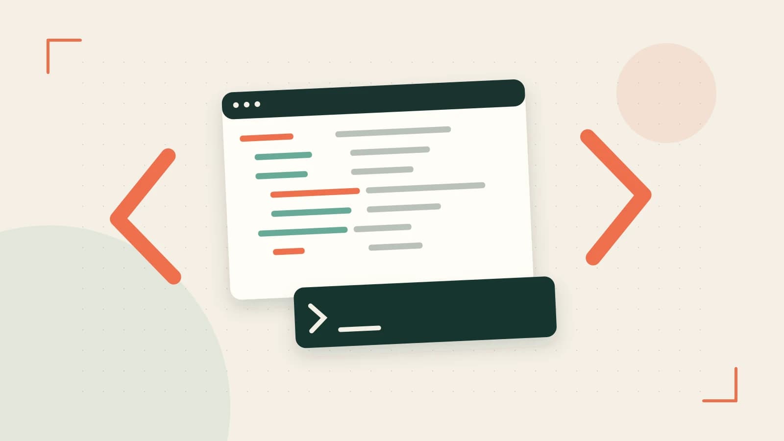 Editorial illustration of an abstract code editor, syntax blocks and oversized programming brackets