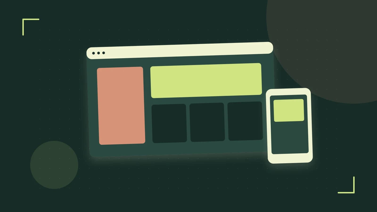 Editorial illustration of responsive browser layouts, overlapping design components and a color system