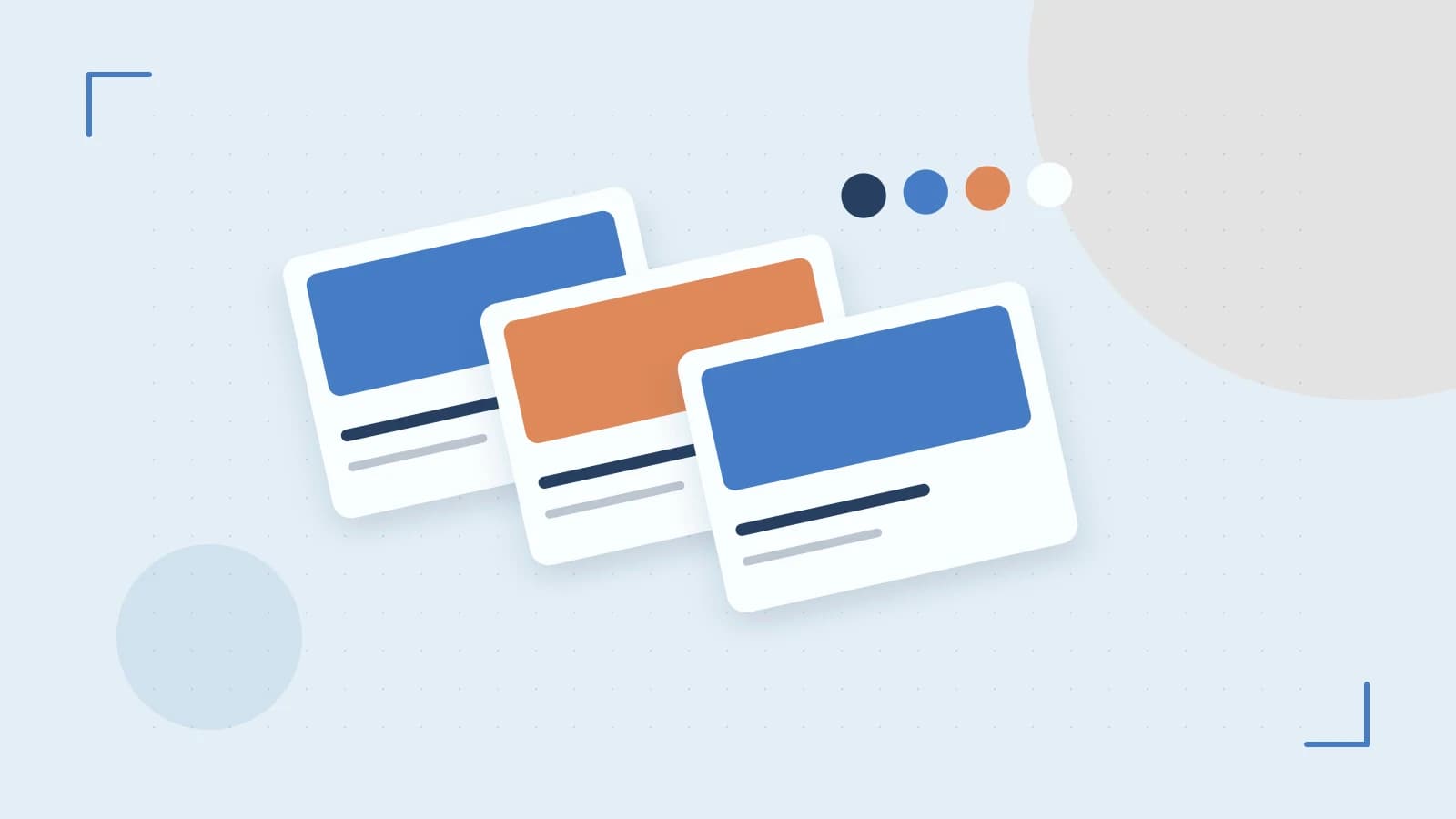Editorial illustration of responsive browser layouts, overlapping design components and a color system