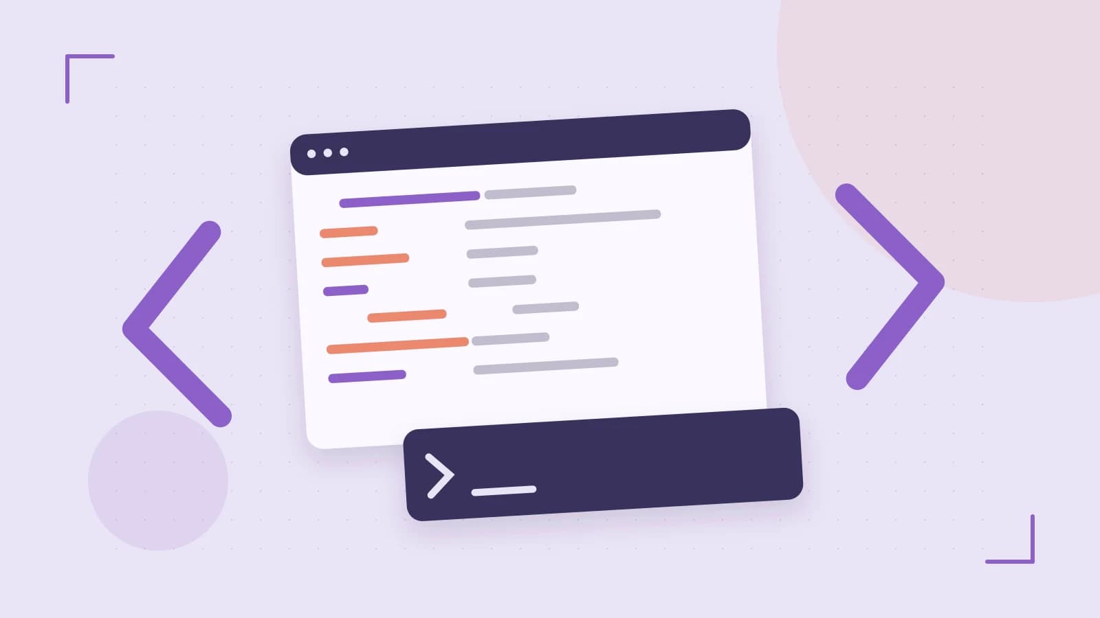 Editorial illustration of an abstract code editor, syntax blocks and oversized programming brackets