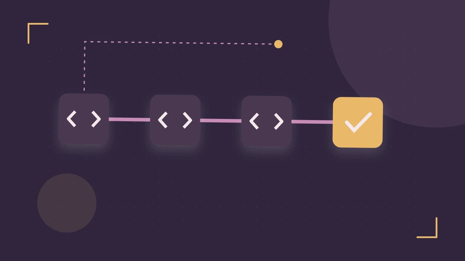 Editorial illustration of a branching build pipeline, staged transformations and a completed check