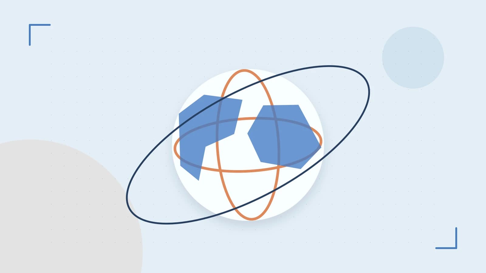 Editorial illustration of an editorial globe with meridians and layered geographic shapes