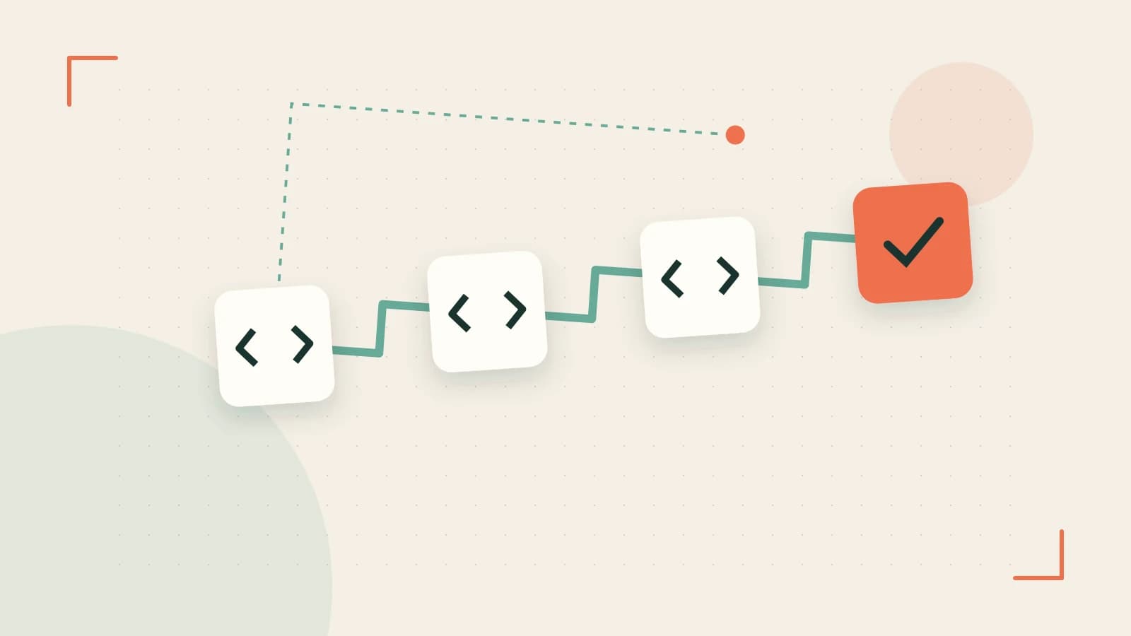 Editorial illustration of a branching build pipeline, staged transformations and a completed check