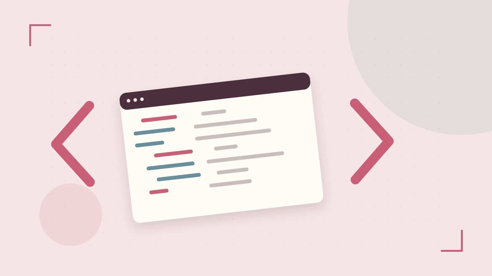 Editorial illustration of an abstract code editor, syntax blocks and oversized programming brackets