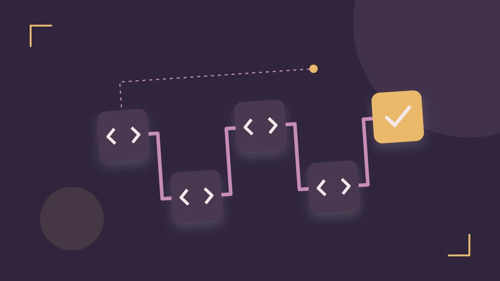Editorial illustration of a branching build pipeline, staged transformations and a completed check