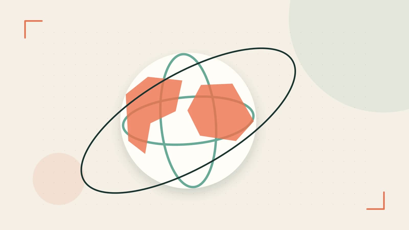 Editorial illustration of an editorial globe with meridians and layered geographic shapes