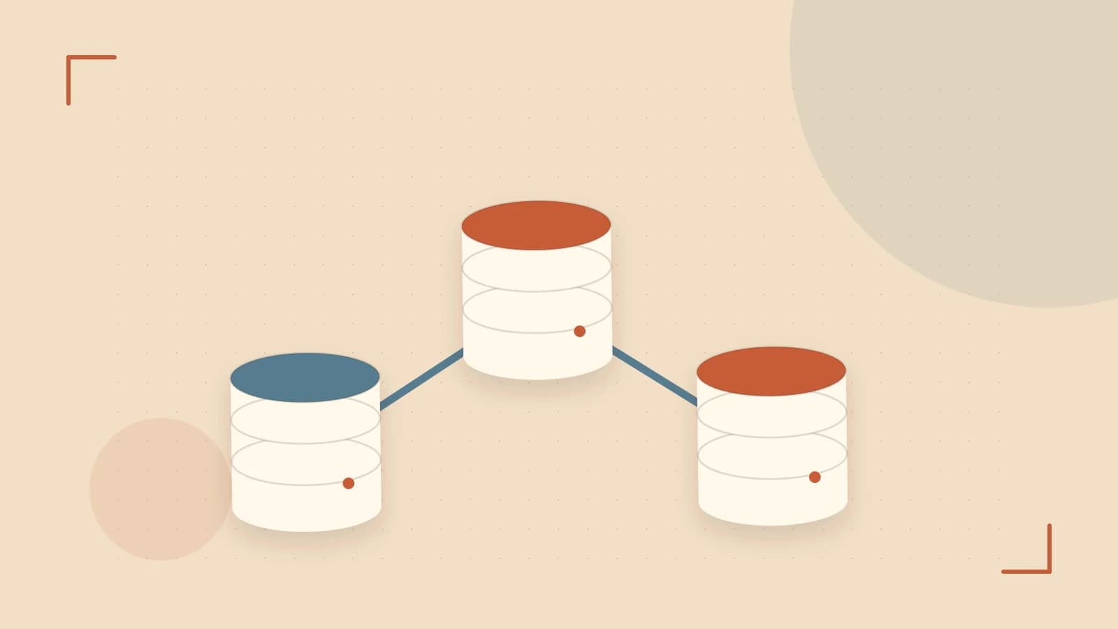 Editorial illustration of structured records, database cylinders and relationships between tables