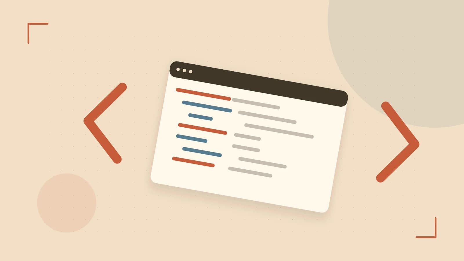 Editorial illustration of an abstract code editor, syntax blocks and oversized programming brackets
