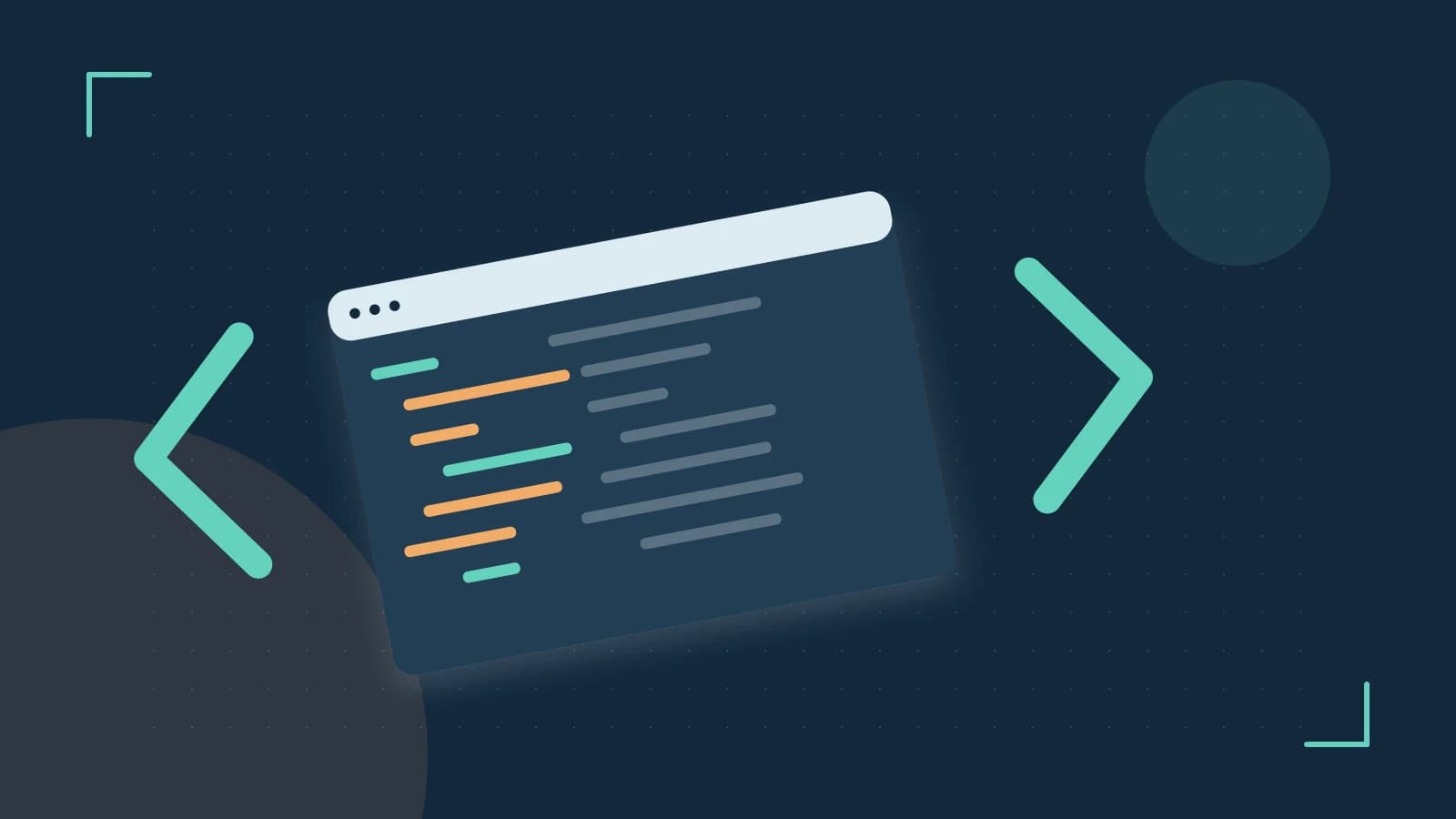 Editorial illustration of an abstract code editor, syntax blocks and oversized programming brackets