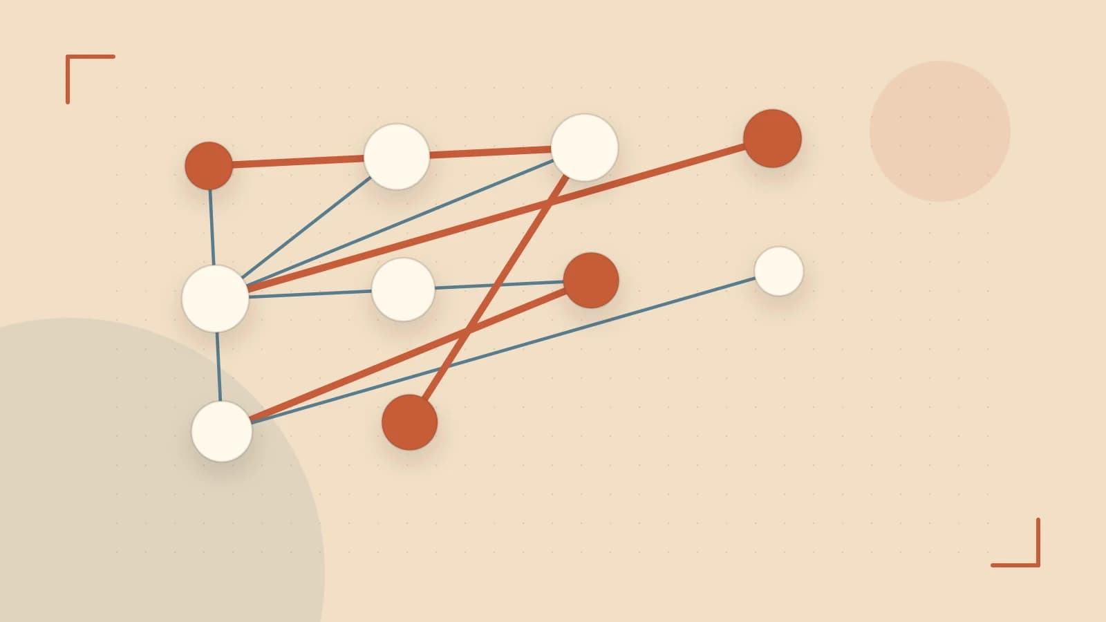 Editorial illustration of an algorithmic node graph with branching paths and a highlighted result