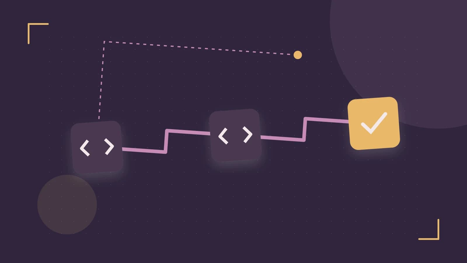 Editorial illustration of a branching build pipeline, staged transformations and a completed check