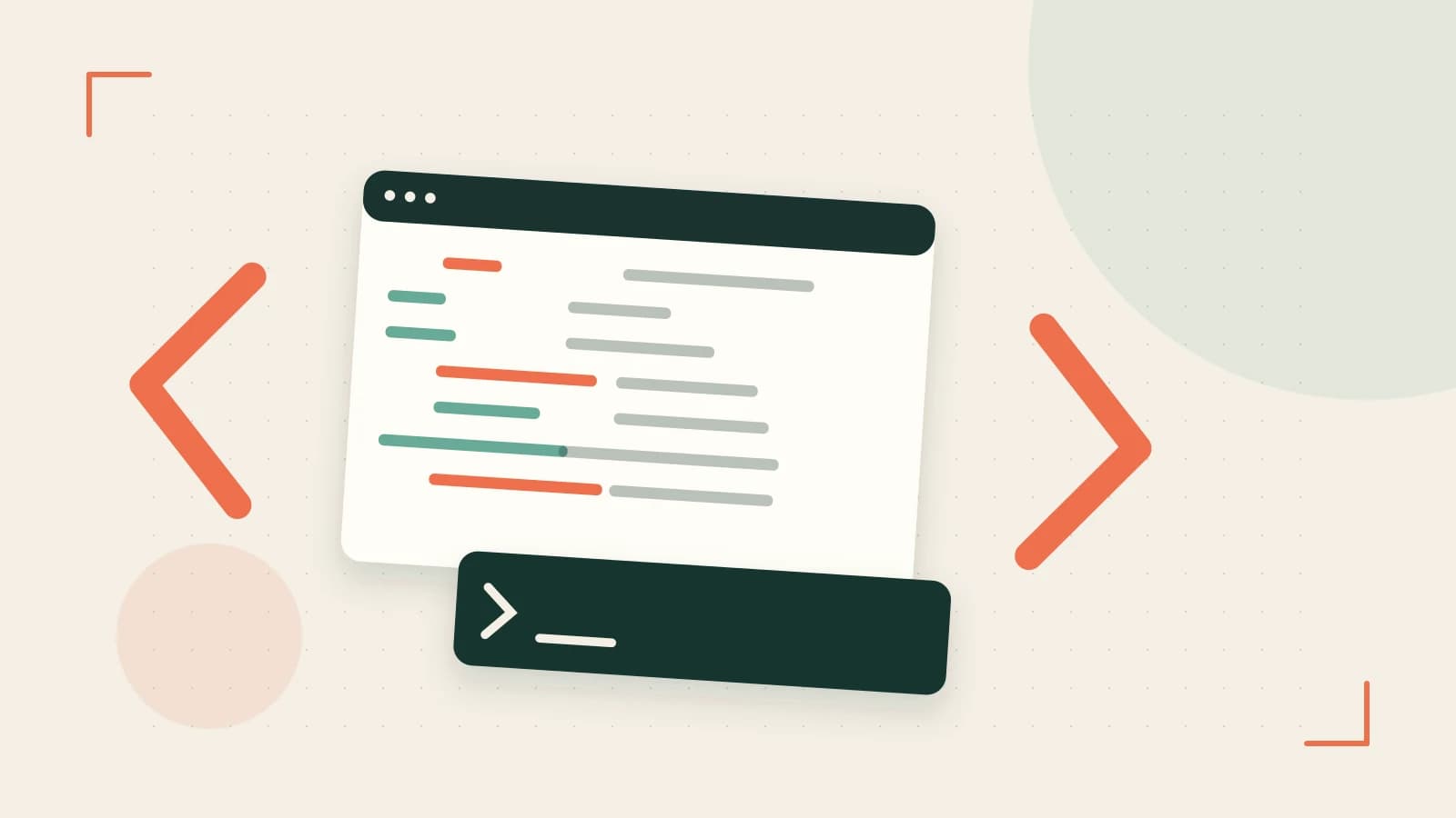 Editorial illustration of an abstract code editor, syntax blocks and oversized programming brackets