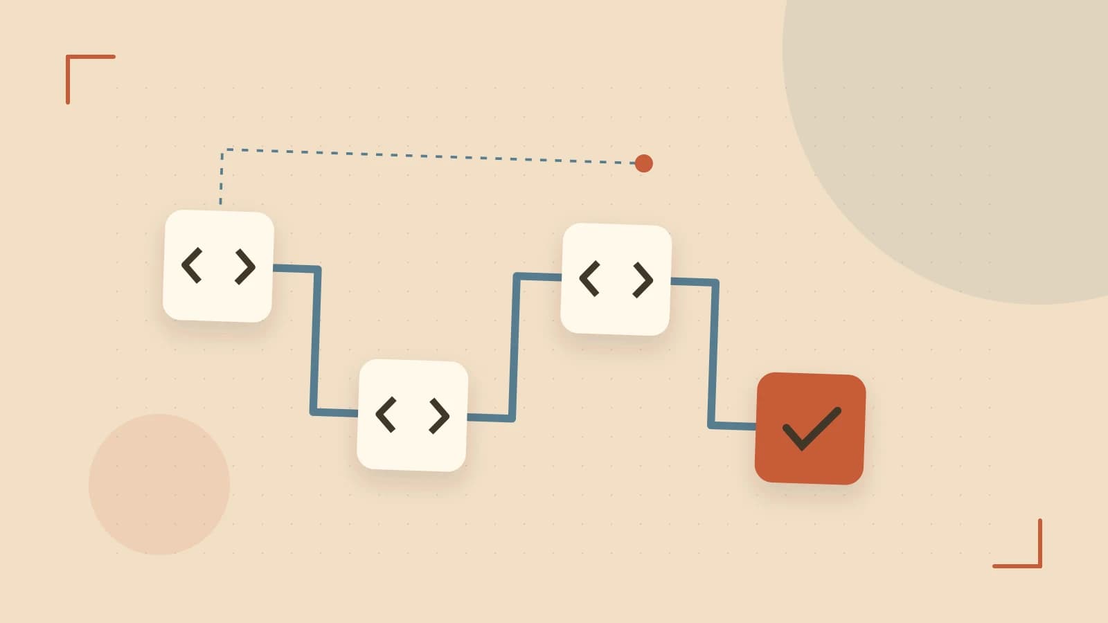 Editorial illustration of a branching build pipeline, staged transformations and a completed check