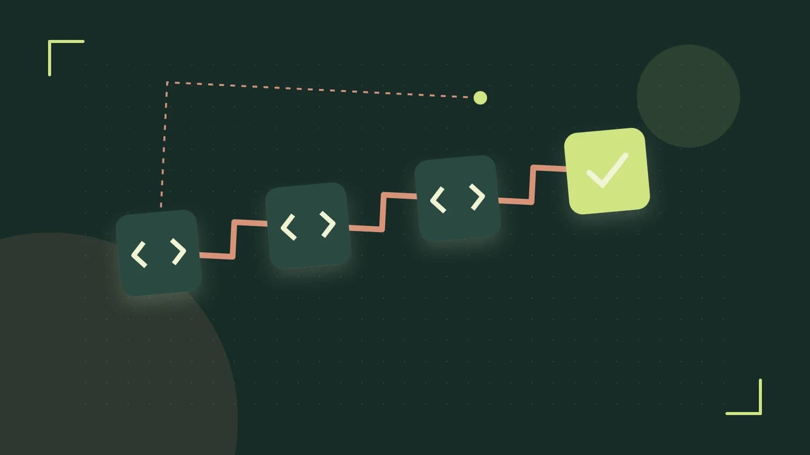 Editorial illustration of a branching build pipeline, staged transformations and a completed check